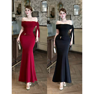 Đầm Maxi Dẻo Đuôi Loe Nơ Vai Kèm Charm Eo Full Tone