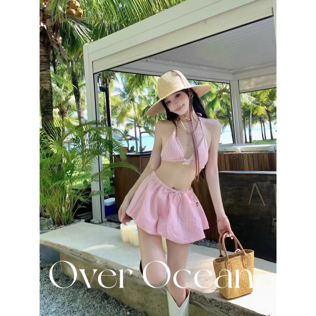 Bikini nữ mảnh kẻ sọc xanh/hồng pastel – set đồ bơi 4 chi tiết có áo ngoài + váy che bụng, đi biển xinh
