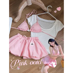Bikini nữ mảnh kẻ sọc xanh/hồng pastel – set đồ bơi 4 chi tiết có áo ngoài + váy che bụng, đi biển xinh