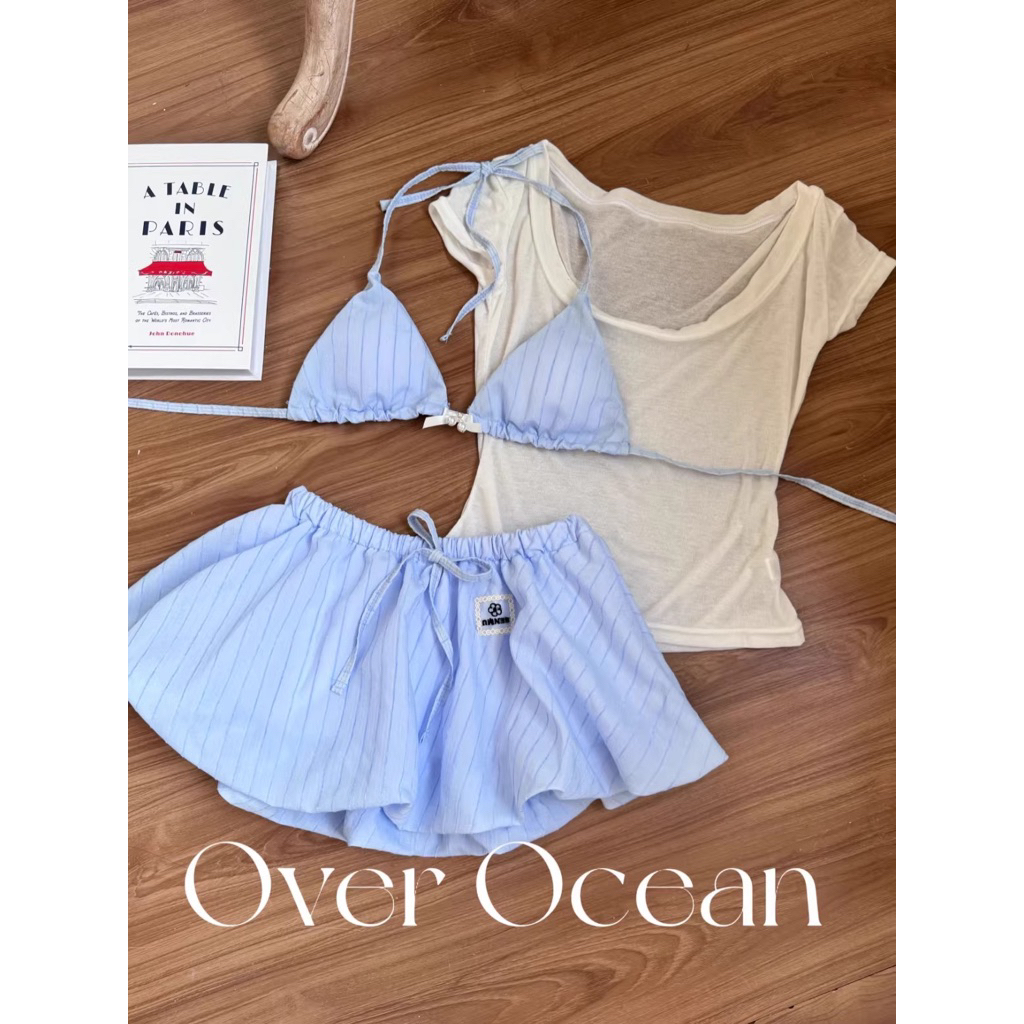 Bikini nữ mảnh kẻ sọc xanh/hồng pastel – set đồ bơi 4 chi tiết có áo ngoài + váy che bụng, đi biển xinh