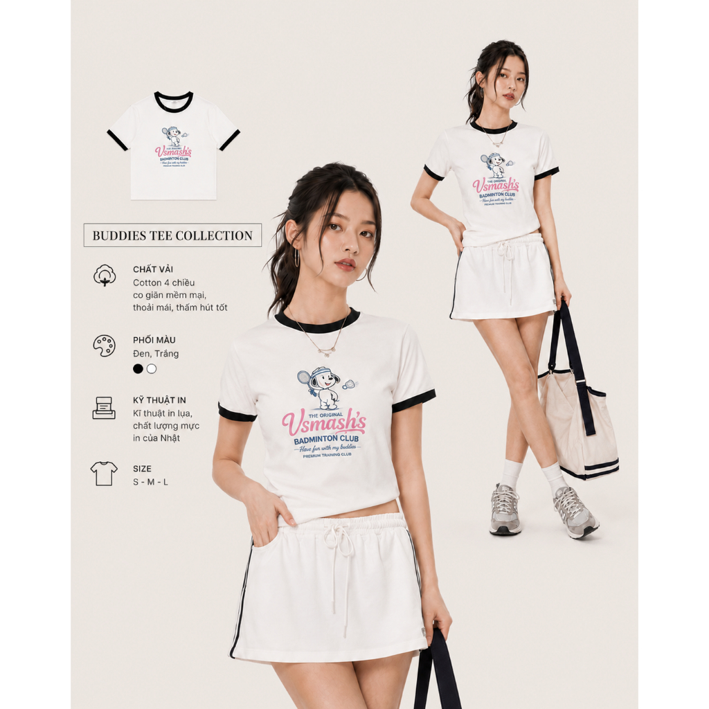 Áo Thun Cầu Lông Nữ Vsmash Sportwear BUDDIES TEE – Vải Bông Em Bé Mềm Mịn, Thoáng Mát, Thấm hút tốt, Co giãn