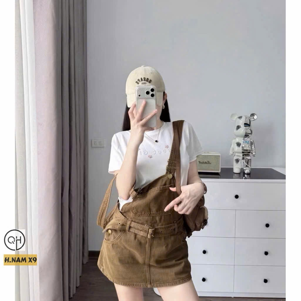 Yếm Quần Jean Bò Denim Nâu Tây Cộc 2 Dây Khóa Sườn Phong Cách Trẻ Trung Năng Động Cho Nữ( kèm đai)