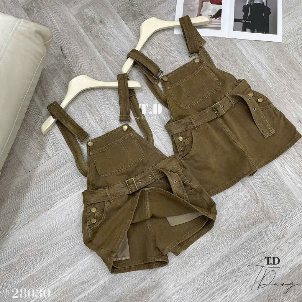 Yếm Quần Jean Bò Denim Nâu Tây Cộc 2 Dây Khóa Sườn Phong Cách Trẻ Trung Năng Động Cho Nữ( kèm đai)