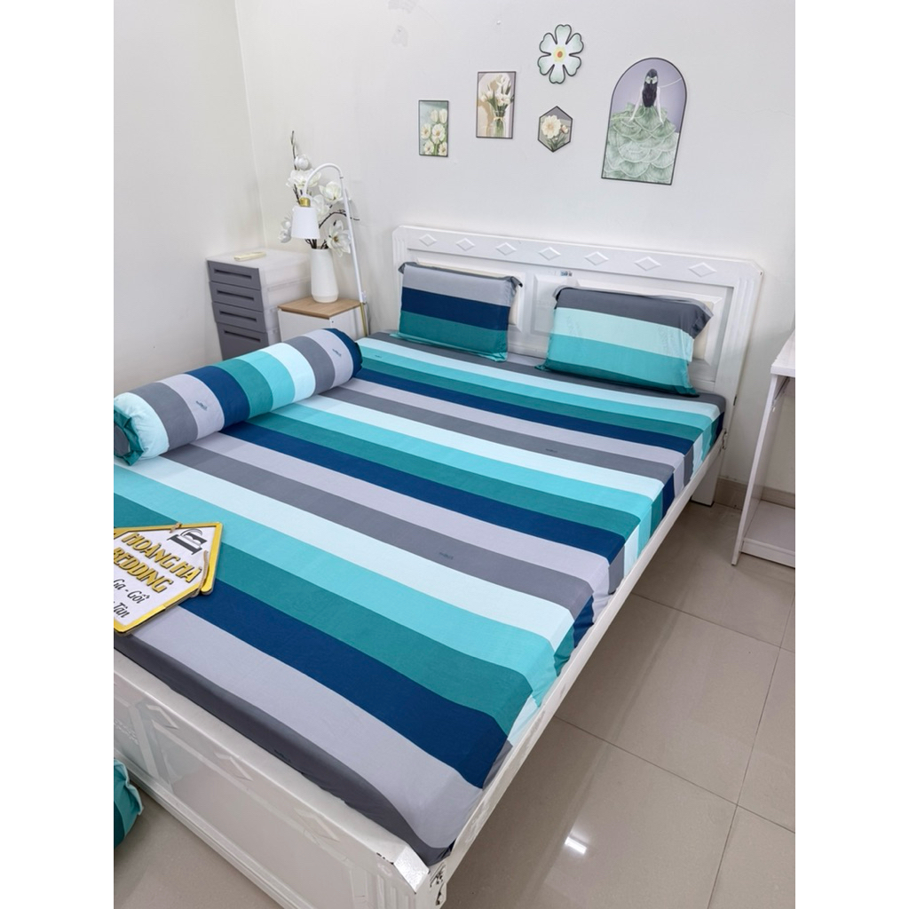 bộ ga thun lạnh SỌC XANH CÓ 2 áo ôm khóa kéo
