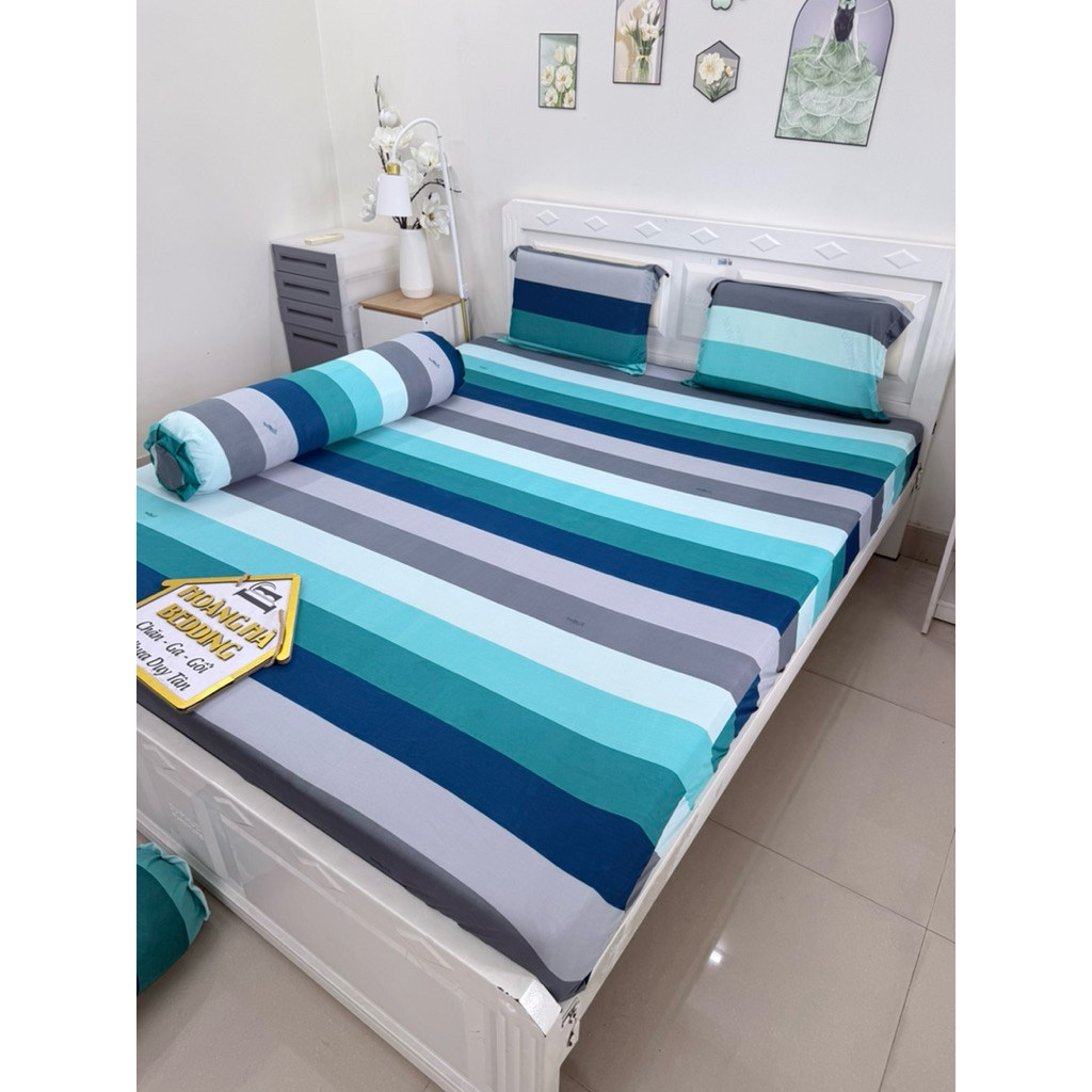 bộ ga thun lạnh SỌC XANH CÓ 2 áo ôm khóa kéo