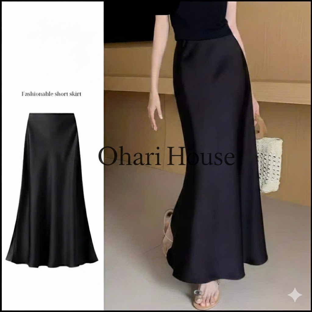 Chân Váy lụa Midi Dáng Dài Chữ A Cạp Trễ Lưng chun bên trong Chất lụa Vân Gỗ mềm mịn Ohari House