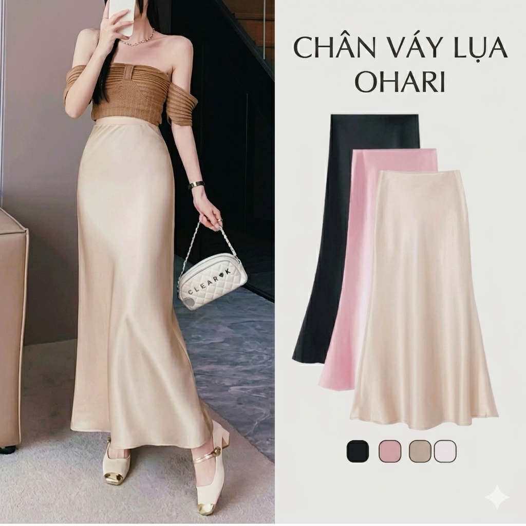 Chân Váy lụa Midi Dáng Dài Chữ A Cạp Trễ Lưng chun bên trong Chất lụa Vân Gỗ mềm mịn Ohari House