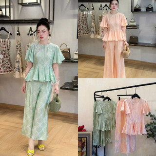 Sét áo lụa tơ cộc tay chiết eo khâu nơ đá thân xoè + quần lụa xuông