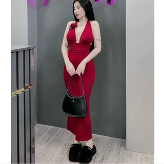 váy body cổ yếm đính hoa xuông dài sang chảnh ( video shop quay thật )