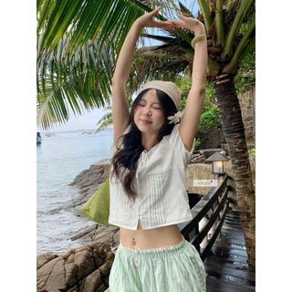 𝐌𝐢𝐧𝐭𝐲 𝐒𝐡𝐨𝐫𝐭 - Quần short nữ, quần đùi nữ dáng bí lưng chun kẻ sọc xanh nhien.official NQS00006