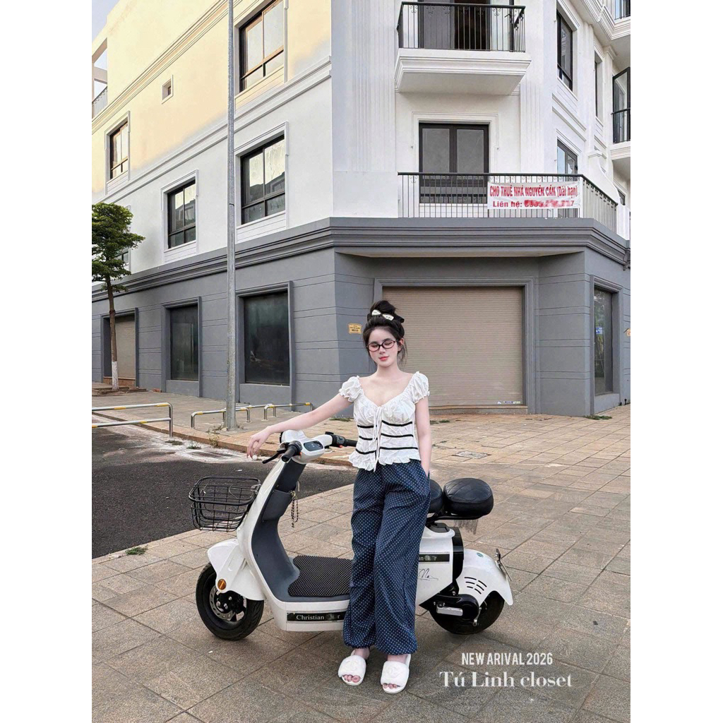 Set Nữ Áo Bèo Nhún Cột Dây + Quần Ống Rộng Chấm Bi – Set Nàng Thơ Thanh Lịch Dễ Thương
