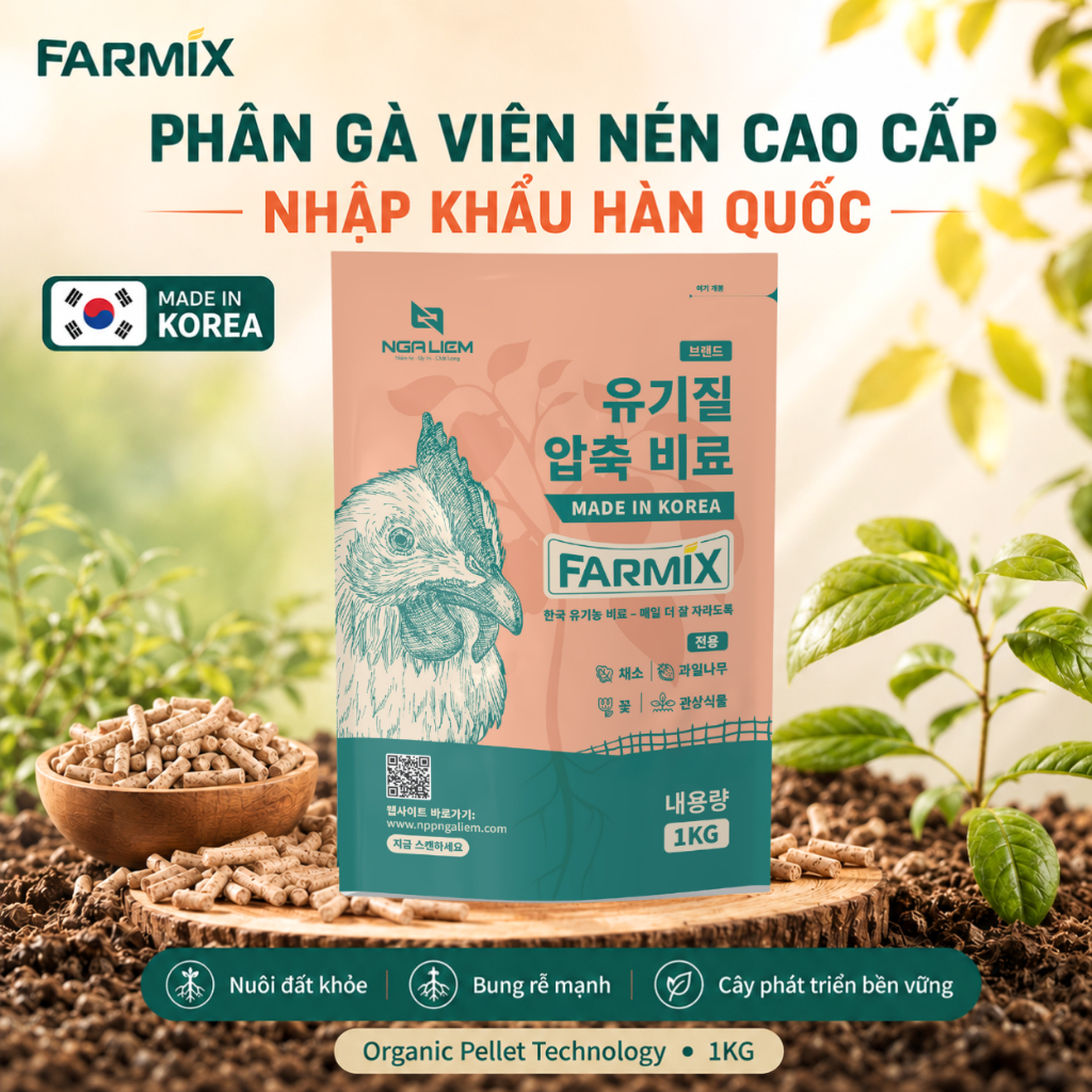 Phân Gà Viên Nén Hữu Cơ FARMIX 1KG Nhập Khẩu Hàn Quốc - Tan Chậm, Dễ Dùng Cho Rau Và Hoa