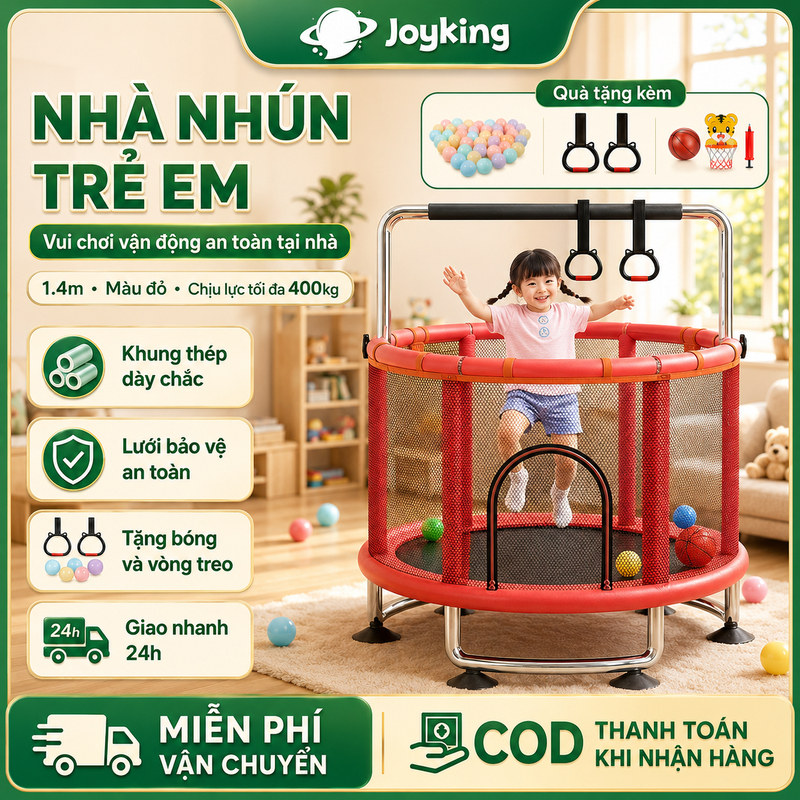 Bạt Nhún Cho Bé Nhà Nhún Nhảy Trẻ Em Đồ Chơi Vận Động Có Lưới Bảo Vệ Thanh Vịn Nâng Hạ Khu Rộng