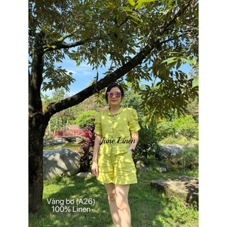 [JUNE LINEN] A26-Áo cổ sen đứng, tay nhún, xếp ly, croptop. Pure Linen. Nhiều màu.