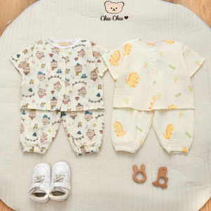 Đồ ngủ trẻ em 7–24kg | Bộ ngắn tay form rộng, vải Xô Muslin thoáng mát, thấm hút mồ hôi
