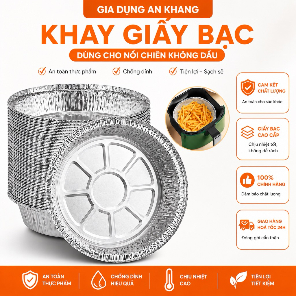 Khay Giấy Bạc Lót Nồi Chiên Không Dầu Chịu Nhiệt Cao, Nhiều Size