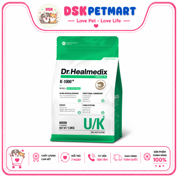 Thức Ăn Hạt Dr.Healmedix Ultra Hypoallergenic K-1000+ Cho Chó Bị Dị Ứng Viêm Da - Túi 1.5kg