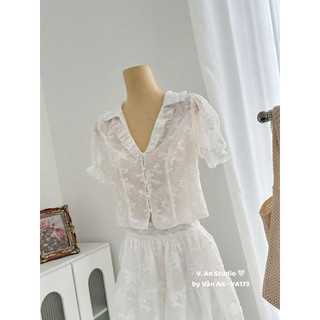 Set Ren Áo Cổ Bèo Mix Chân Váy Xoè