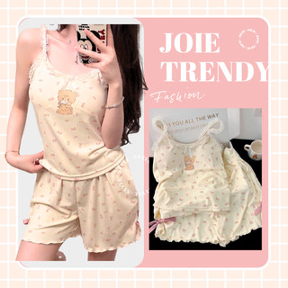 Bộ đồ ngủ nữ JOIE TRENDY form thoải mái, Set 2 dây họa tiết gấu viền bèo nữ tính