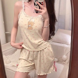 Bộ đồ ngủ nữ JOIE TRENDY form thoải mái, Set 2 dây họa tiết gấu viền bèo nữ tính
