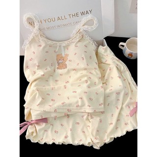 Bộ đồ ngủ nữ JOIE TRENDY form thoải mái, Set 2 dây họa tiết gấu viền bèo nữ tính