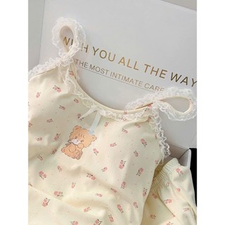 Bộ đồ ngủ nữ JOIE TRENDY form thoải mái, Set 2 dây họa tiết gấu viền bèo nữ tính