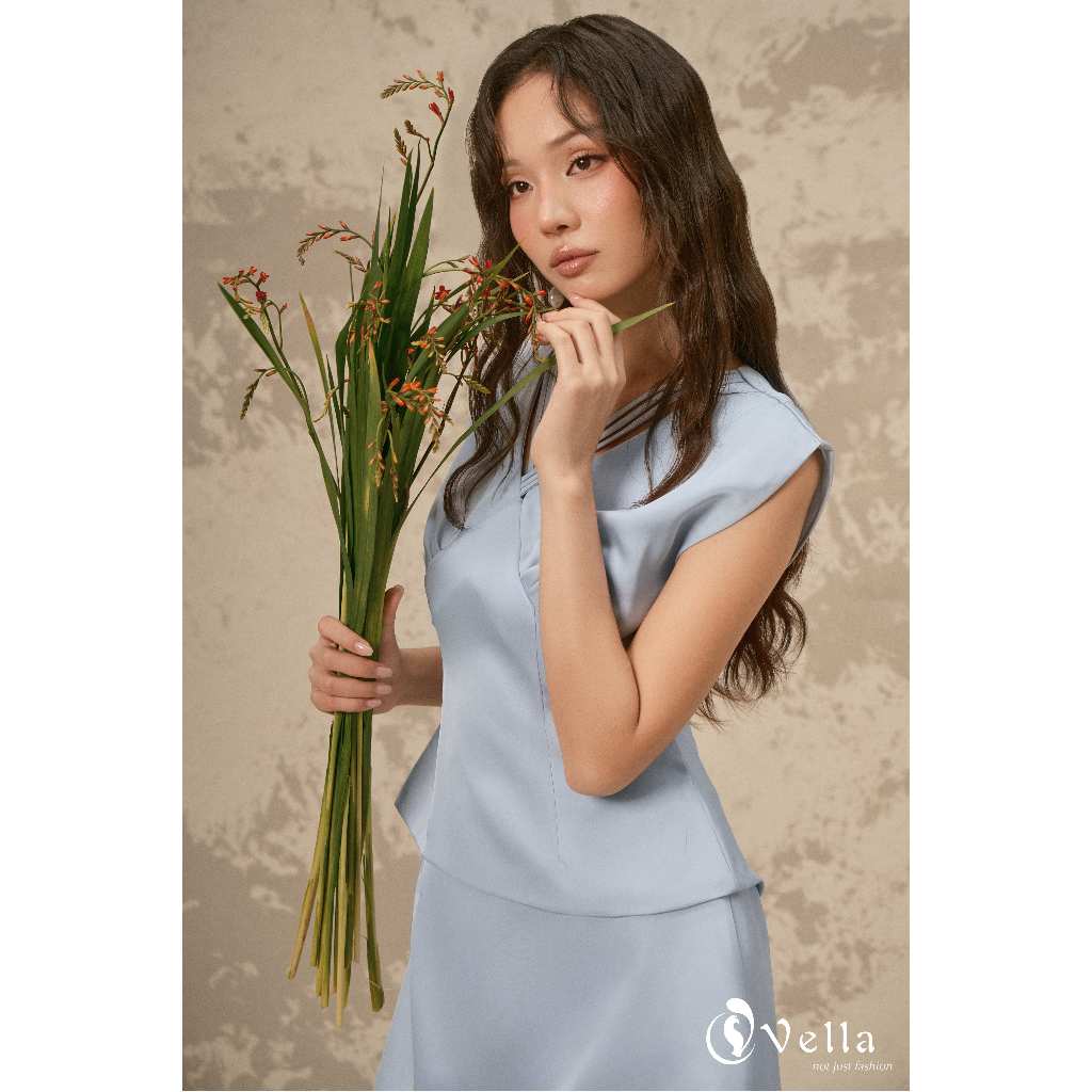 Áo sơ mi peplum & quần váy mini viền ren màu xanh blue pastel công sở, dạo phố Vella VA26003 VQ26004
