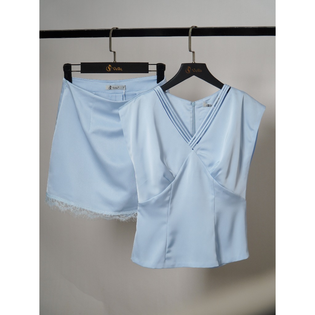 Áo sơ mi peplum & quần váy mini viền ren màu xanh blue pastel công sở, dạo phố Vella VA26003 VQ26004
