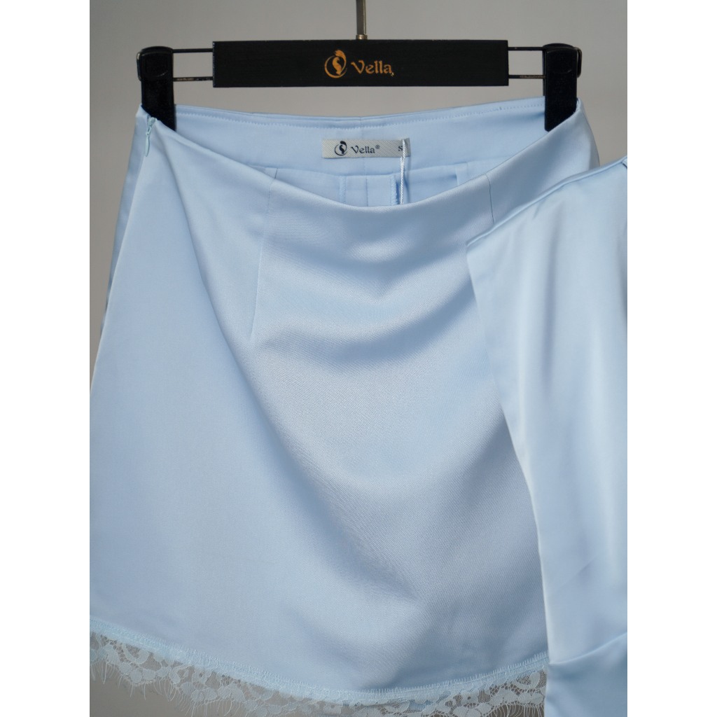 Áo sơ mi peplum & quần váy mini viền ren màu xanh blue pastel công sở, dạo phố Vella VA26003 VQ26004