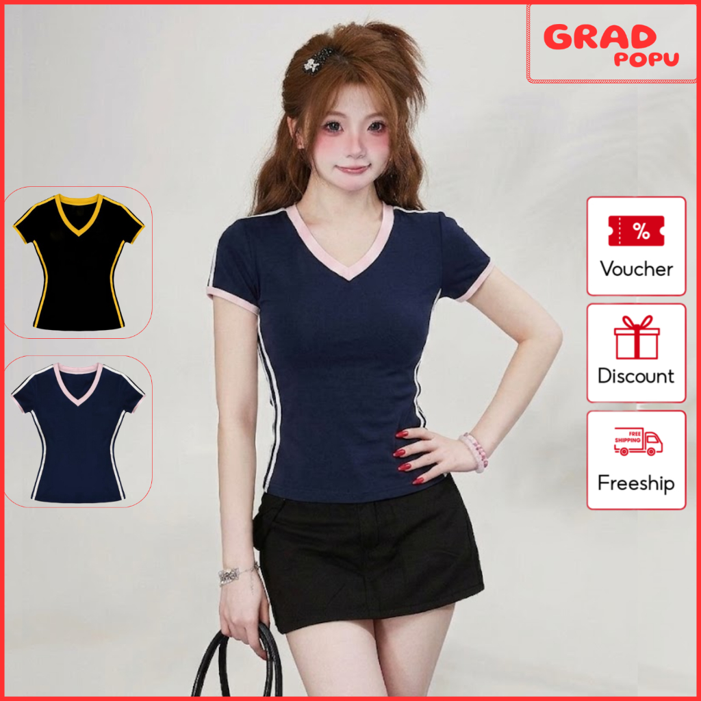 Áo thun nữ cổ tim phối viền GRADPOPU form ôm body co giãn tôn dáng phong cách Hàn Quốc basic AN385