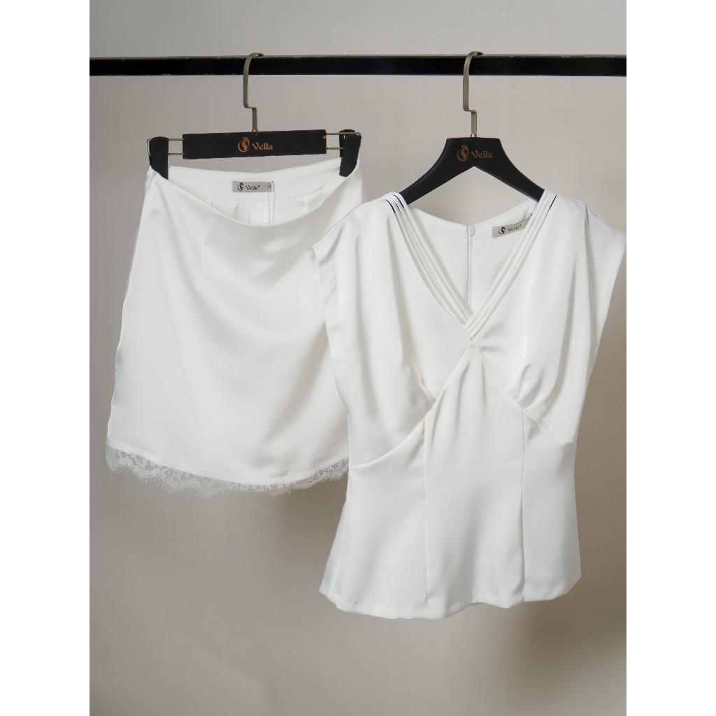 Áo sơ mi peplum & quần váy mini viền ren màu trắng công sở, dạo phố Vella Fashion VA26003 VQ26004