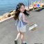 Set Hè Bé Gái Áo Kiều Kẻ Xanh Nhạt Sát Nách Kiểu (Chun)Phối Quần Ngắn Siêu Dễ Thương Cho Bé Đi Chơi