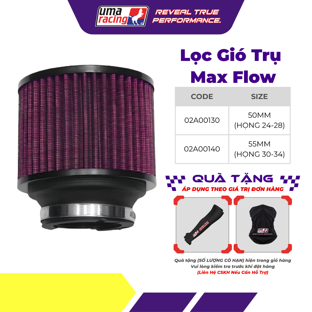 Lọc Gió Trụ Uma Racing Max Flow – Size 50/55mm – Họng 24–28 / 30–34 – Tăng Lưu Lượng Gió