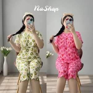 Đồ bộ Quần lửng + Áo bèo ngực Tay ngắn, Chất vải tôn lanh mềm mát mịn Form dễ mặc nhà 40~75kg NaShop