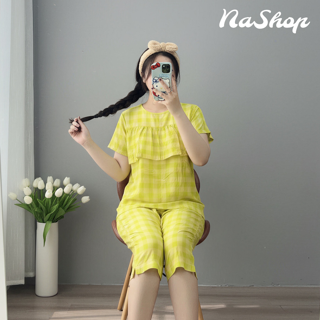 [MÀU MỚI] Đồ bộ Quần lửng + Áo bèo ngực Tay ngắn, Chất vải tôn lanh mềm mát mịn Form dễ mặc nhà 40~75kg NaShop