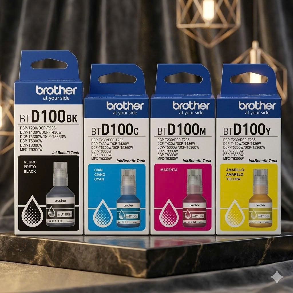 Trọn bộ 4 màu mực Brother BTD100BK BTD100C BTD100M BTD100Y cho máy in Brother DCP-T530DW T730DW T830DW MFC-T930DW Hãng
