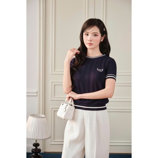 DELIZ - Áo len nữ ngắn tay cổ tròn dệt đục lỗ thoáng khí phối nơ trẻ trung thanh lịch ALC607 DELIZ