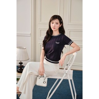 DELIZ - Áo len nữ ngắn tay cổ tròn dệt đục lỗ thoáng khí phối nơ trẻ trung thanh lịch ALC607 DELIZ