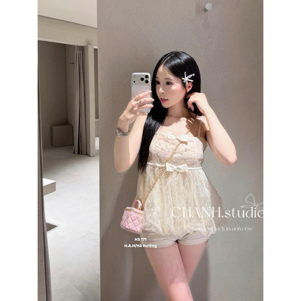 Áo 2 dây lưới đính nơ ngực tiểu thư cưng xỉu