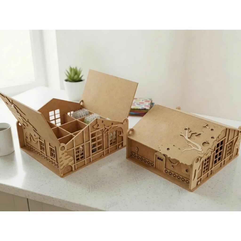 Hộp Gỗ Đựng Trà Hình Ngôi Nhà Khắc Nghệ Thuật Nhiều Ngăn Nắp (  Mẫu T24 cao 15cm, rộng 26cm, ngang 30cm )