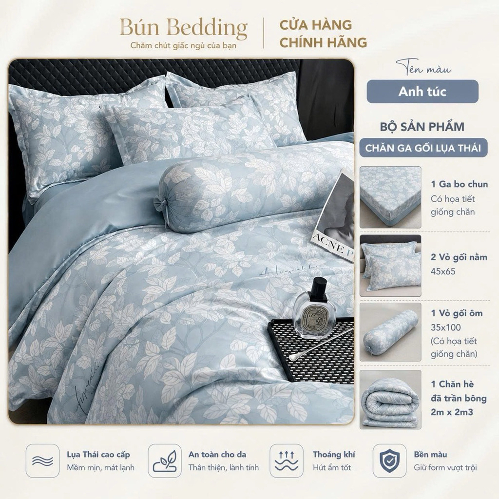 Bộ 5 món chăn ga gối Lụa Thái mát mềm mịn (Có vỏ ôm)