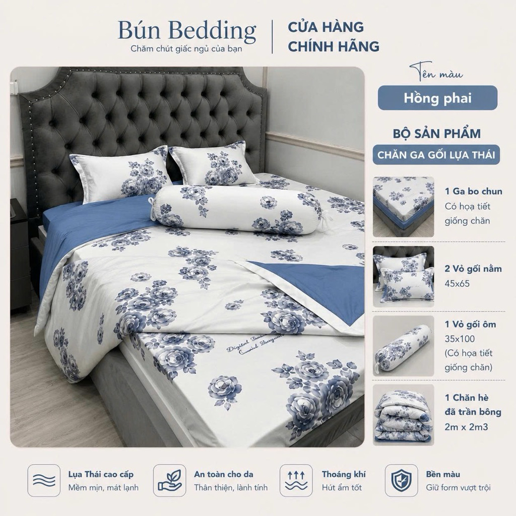 Bộ 5 món chăn ga gối Lụa Thái mát mềm mịn (Có vỏ ôm)