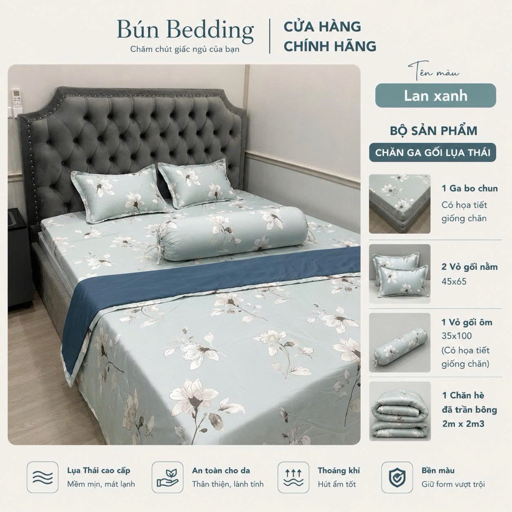 Bộ 5 món chăn ga gối Lụa Thái mát mềm mịn (Có vỏ ôm)