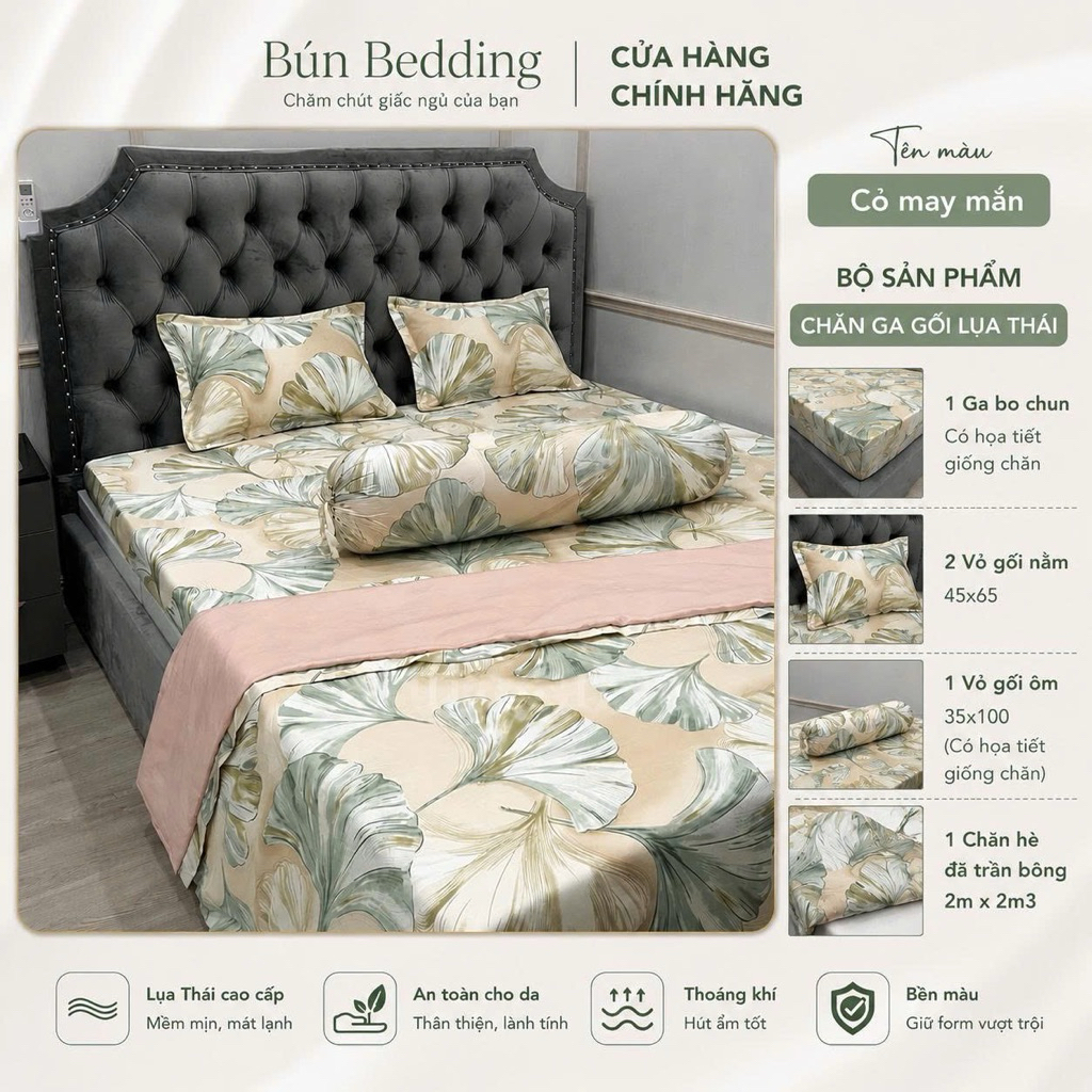 Bộ 5 món chăn ga gối Lụa Thái mát mềm mịn (Có vỏ ôm)