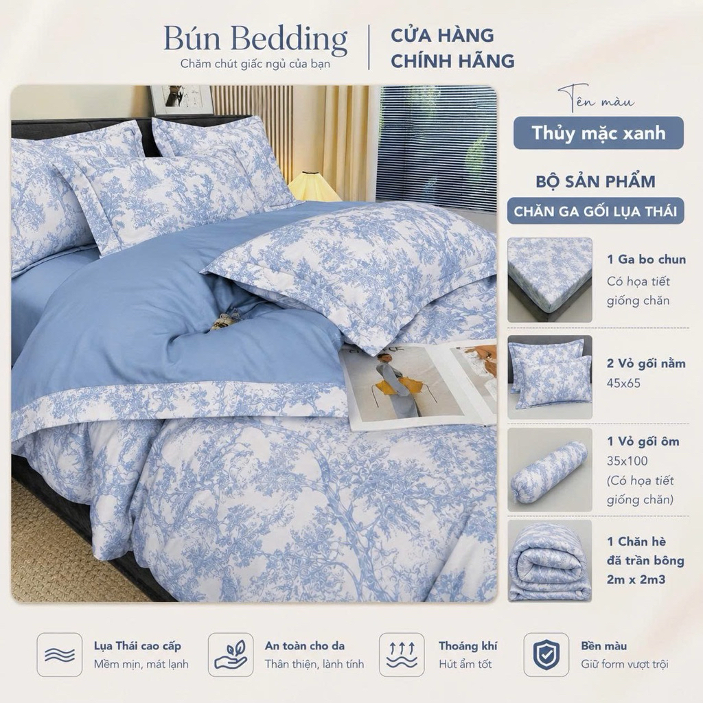 Bộ 5 món chăn ga gối Lụa Thái mát mềm mịn (Có vỏ ôm)