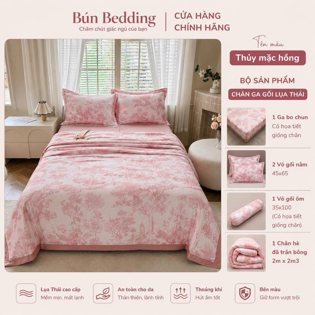 Bộ 5 món chăn ga gối Lụa Thái mát mềm mịn (Có vỏ ôm)