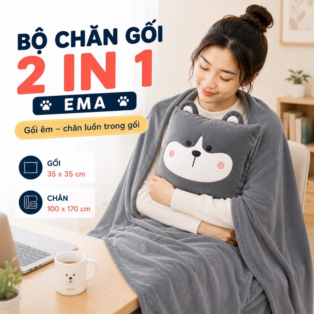Bộ Chăn Gối 2 Trong 1 EMA Ngủ Trưa Văn Phòng - Gối Mền Hình Thú Cao Cấp Nhung Mịn Gấp Gọn Tiện Lợi