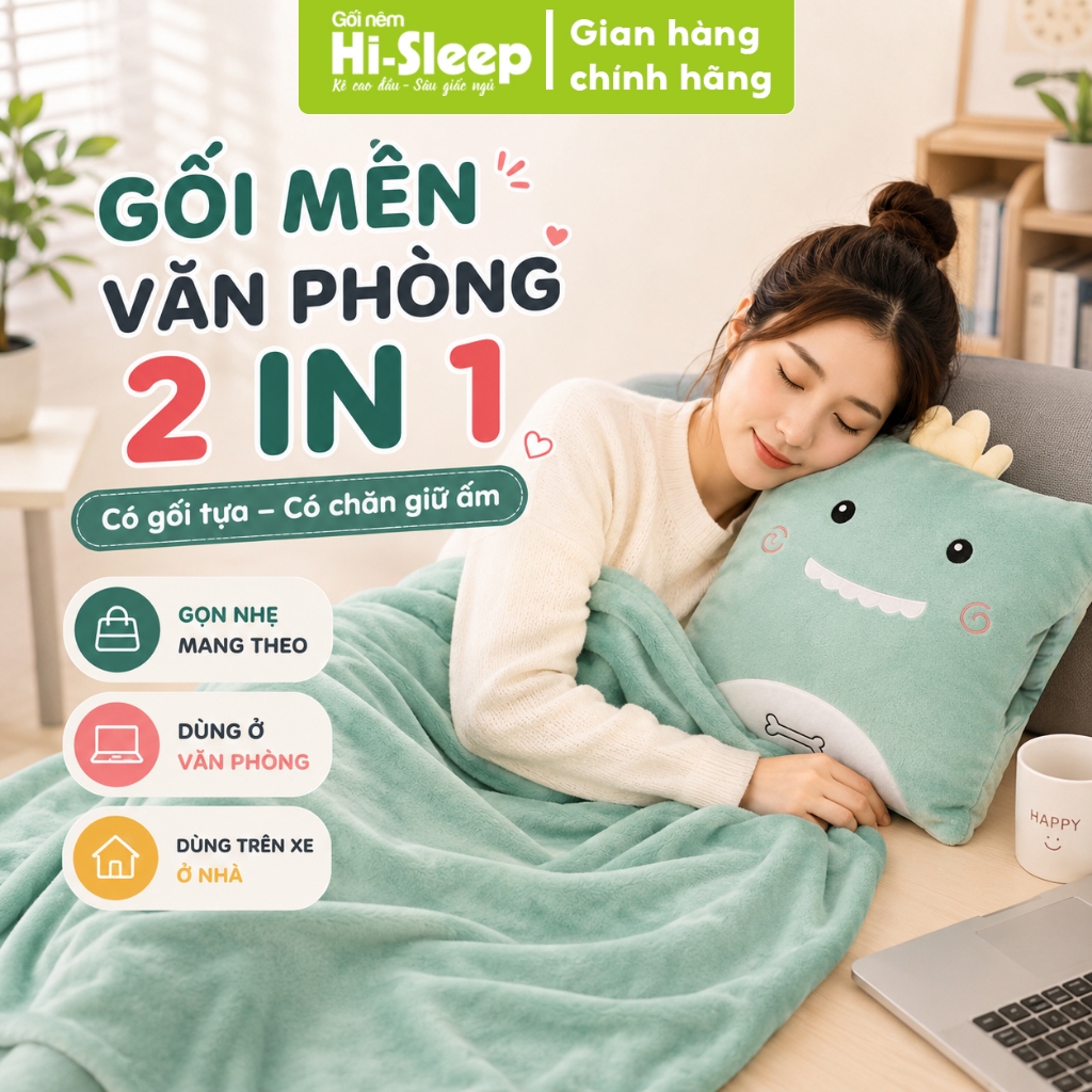 Gối Mền Văn Phòng 2 Trong 1 HI-SLEEP - Chăn Nhung Mềm Mịn Ngủ Trưa Văn Phòng Có Chỗ Luồn Tay