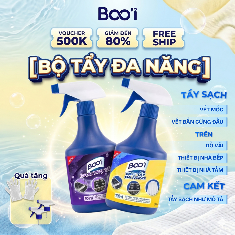 [MUA 1 TẶNG 1] BỘ TẨY ĐA NĂNG BOO'I 10IN1 1000g/2chai, tẩy sạch mốc, vết két mồ hôi, dầu mỡ trên cả quần áo trắng và màu