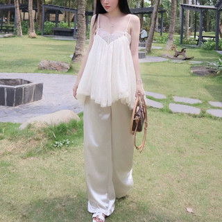 Quần lụa tráng gương màu trắng kem dáng suông có khoá kéo - Pearla.studio